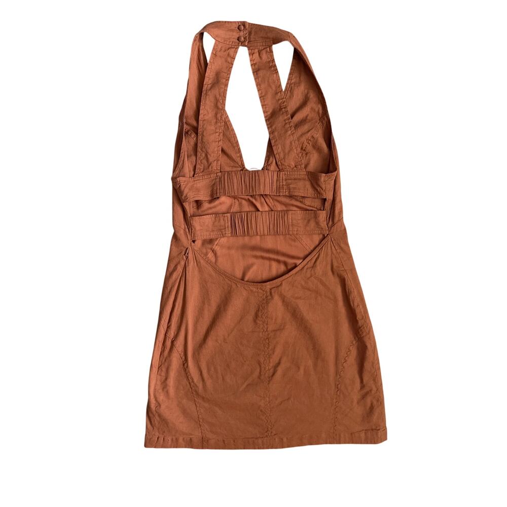 Anthropologie Maeve Halter Linen-Blend Mini Dress Brown Size 8 - Picture 11 of 11